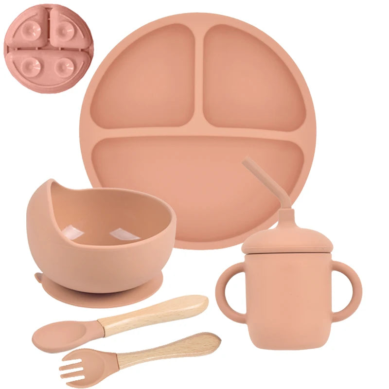 Baby Silicone Feeding Set 5-Piece – Non-Slip Plate, Bowl, Cup, Spoon & Fork – BPA-Free, Durable & Easy to Clean