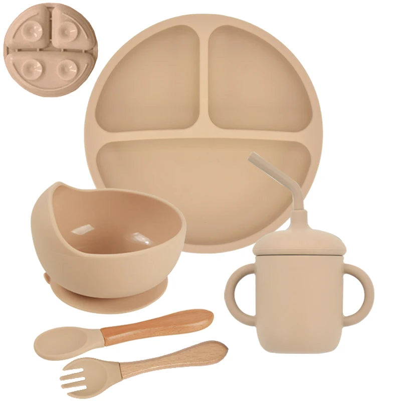 Baby Silicone Feeding Set 5-Piece – Non-Slip Plate, Bowl, Cup, Spoon & Fork – BPA-Free, Durable & Easy to Clean