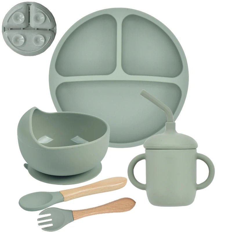 Baby Silicone Feeding Set 5-Piece – Non-Slip Plate, Bowl, Cup, Spoon & Fork – BPA-Free, Durable & Easy to Clean