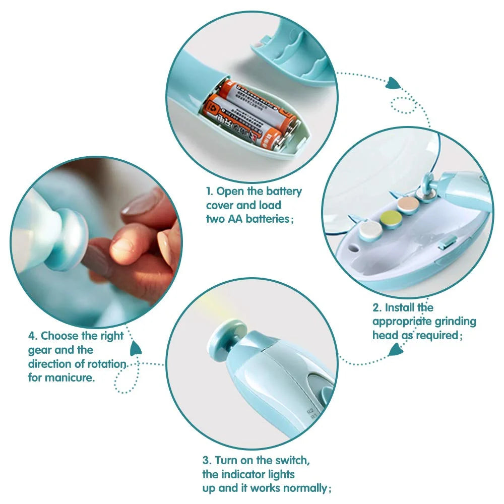Electric Baby Nail Trimmer with LED Light – 4-Speed, Low Noise, 6 Grinding Heads
