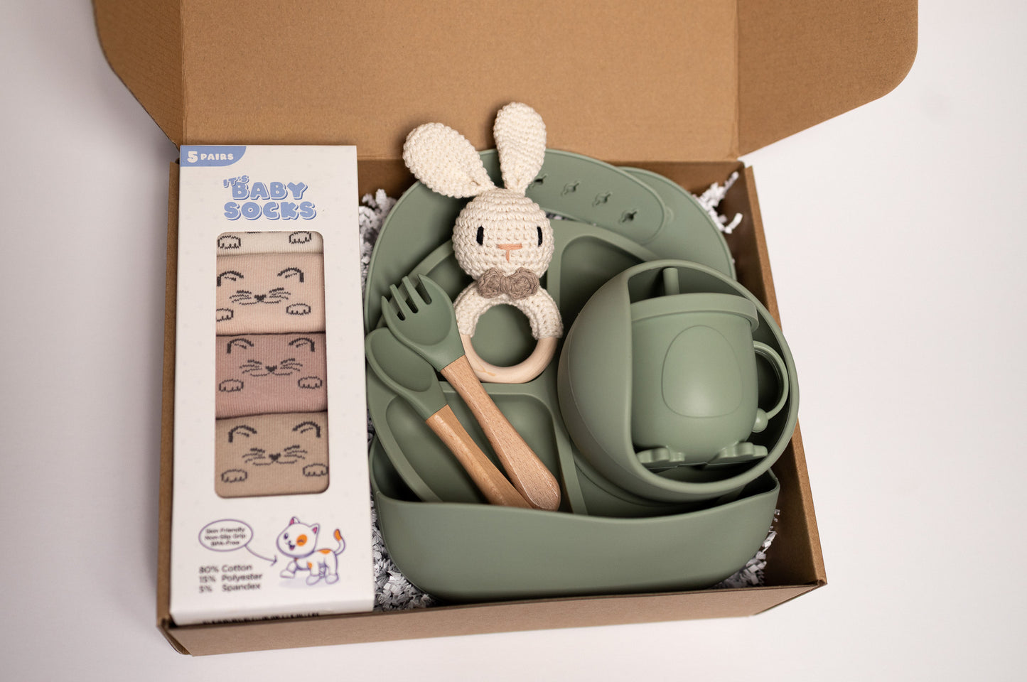 Unisex Baby Gift Set – Silicone Feeding Set, Non-Slip Socks & Handmade Bunny Toy | Baby Essentials