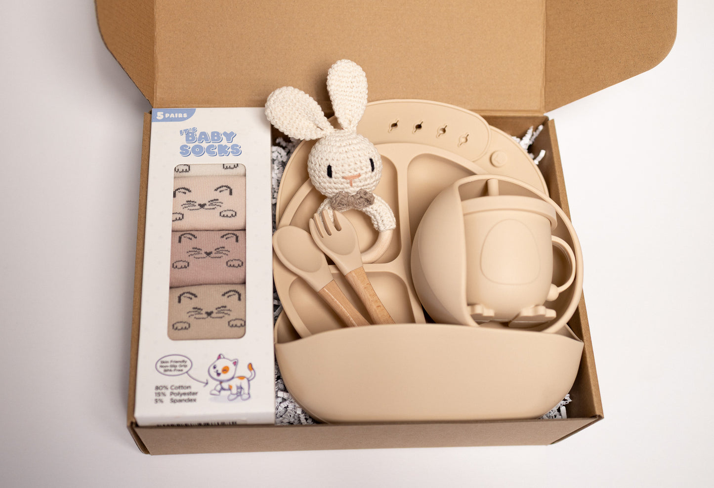 Unisex Baby Gift Set – Silicone Feeding Set, Non-Slip Socks & Handmade Bunny Toy | Baby Essentials