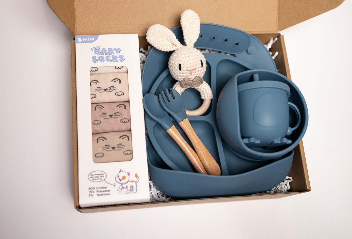 Unisex Baby Gift Set – Silicone Feeding Set, Non-Slip Socks & Handmade Bunny Toy | Baby Essentials