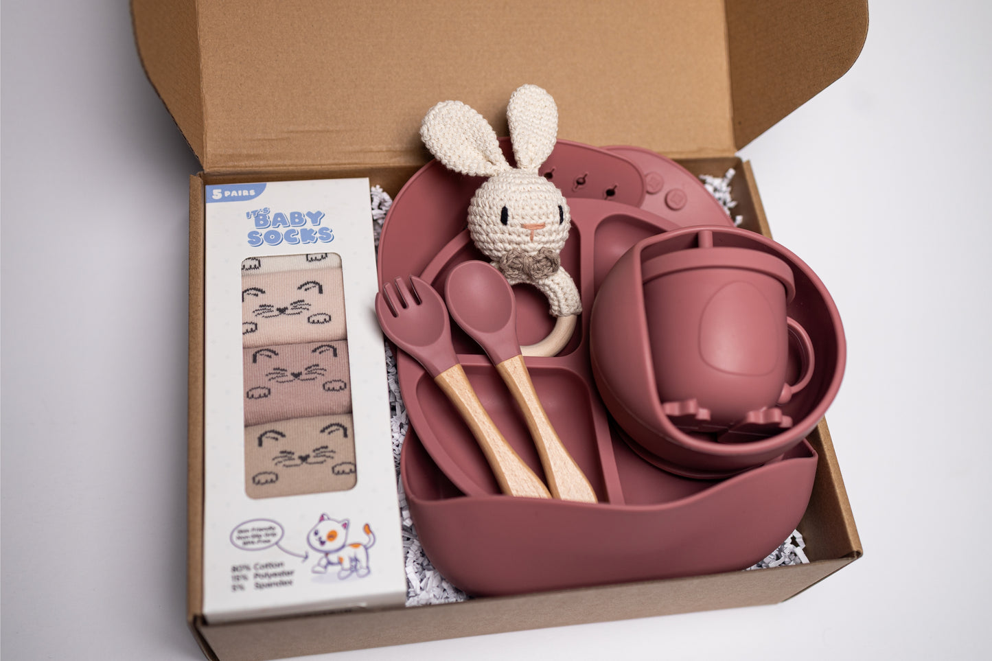 Unisex Baby Gift Set – Silicone Feeding Set, Non-Slip Socks & Handmade Bunny Toy | Baby Essentials