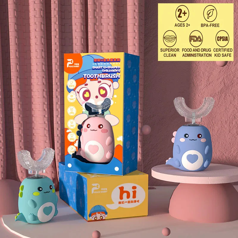 Dino U-Shaped Electric Toothbrush — Kids 2–12 Years | Pink, Blue, Mint