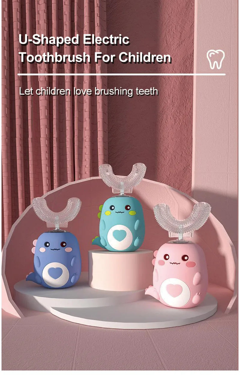 Dino U-Shaped Electric Toothbrush — Kids 2–12 Years | Pink, Blue, Mint
