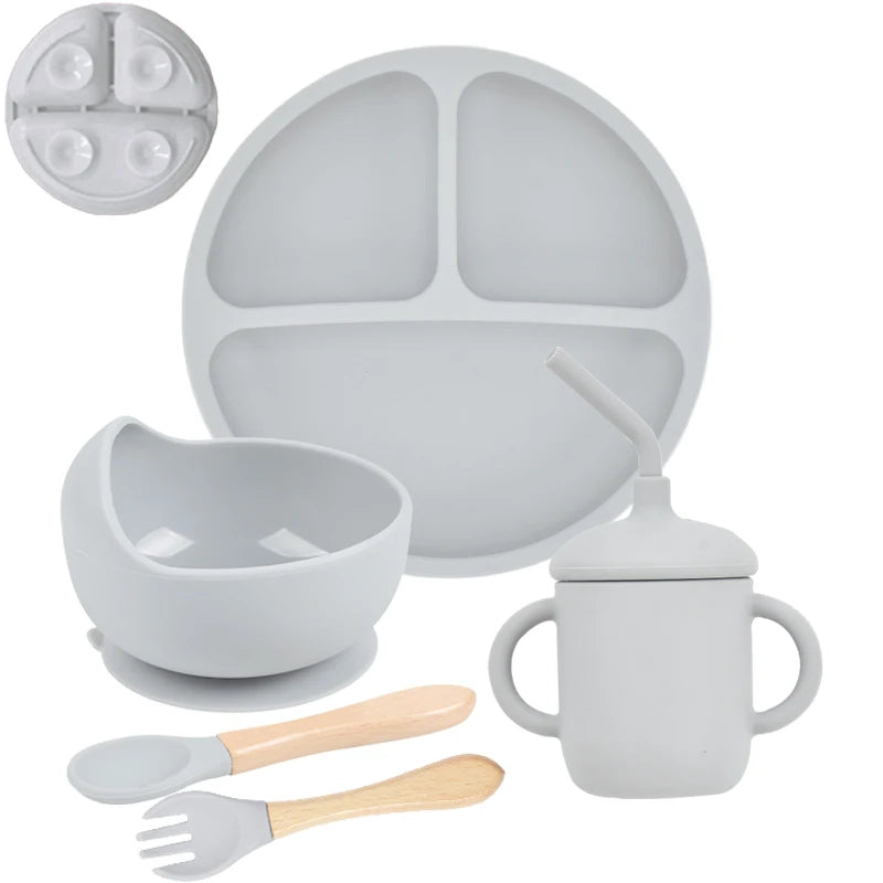 Baby Silicone Feeding Set 5-Piece – Non-Slip Plate, Bowl, Cup, Spoon & Fork – BPA-Free, Durable & Easy to Clean