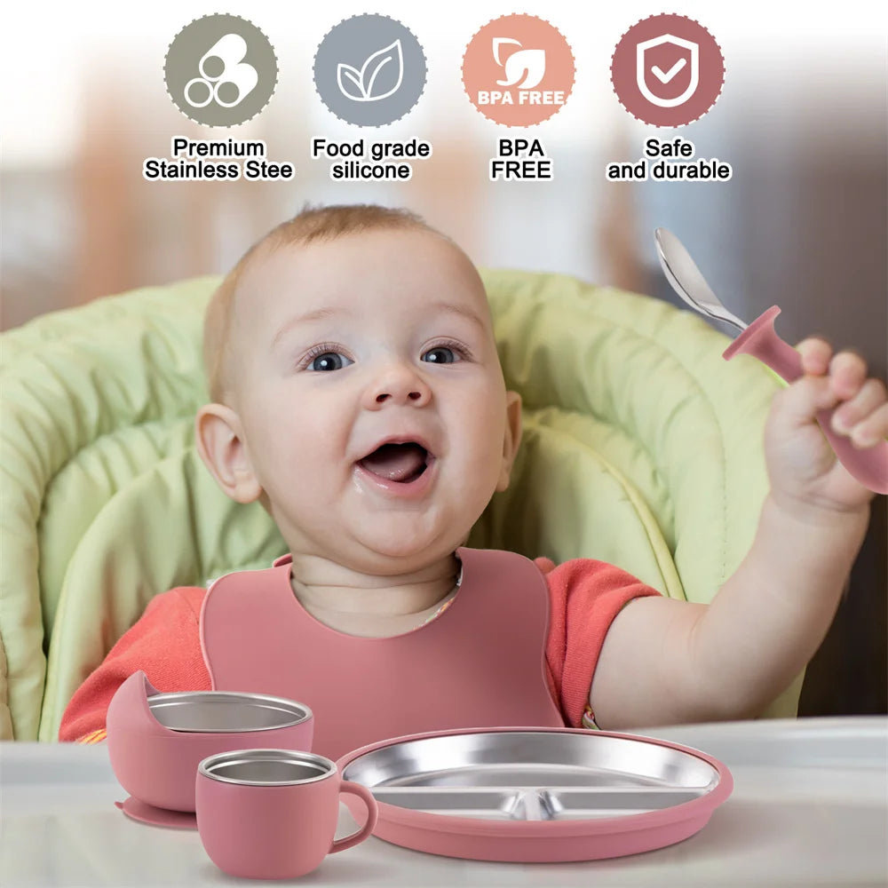 Baby Feeding Set 6-Piece with Stainless Steel – Premium Silicone Tableware for Toddlers