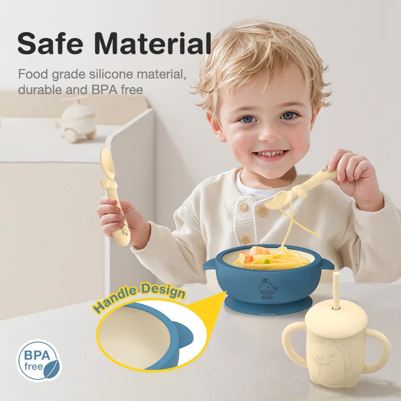 Baby Silicone Feeding Set – BPA-Free Suction Bowl, Bib, Spoon, Fork, Cup & Plate – Safe & Easy to Clean