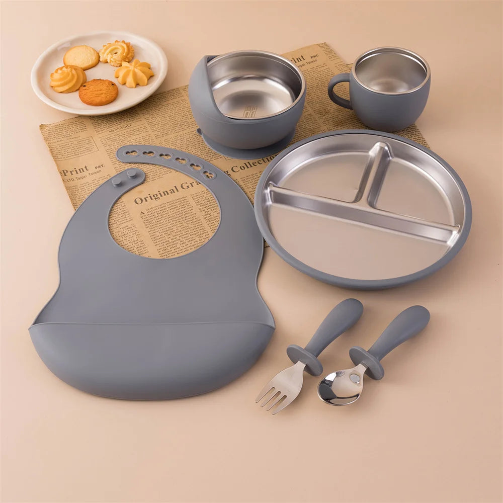 Baby Feeding Set 6-Piece with Stainless Steel – Premium Silicone Tableware for Toddlers