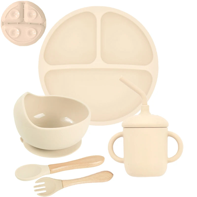 Baby Silicone Feeding Set 5-Piece – Non-Slip Plate, Bowl, Cup, Spoon & Fork – BPA-Free, Durable & Easy to Clean