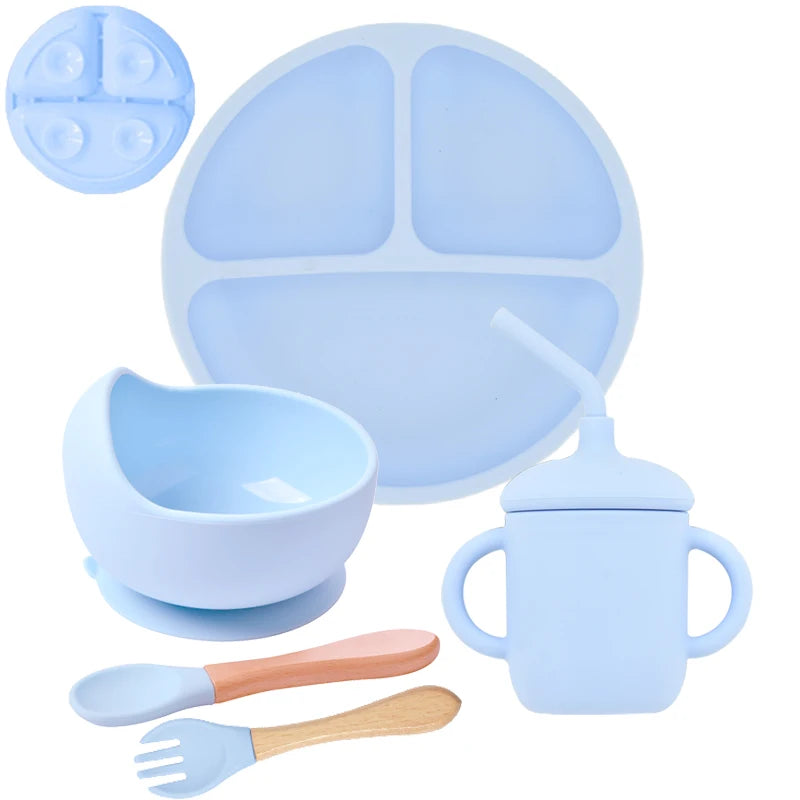 Baby Silicone Feeding Set 5-Piece – Non-Slip Plate, Bowl, Cup, Spoon & Fork – BPA-Free, Durable & Easy to Clean