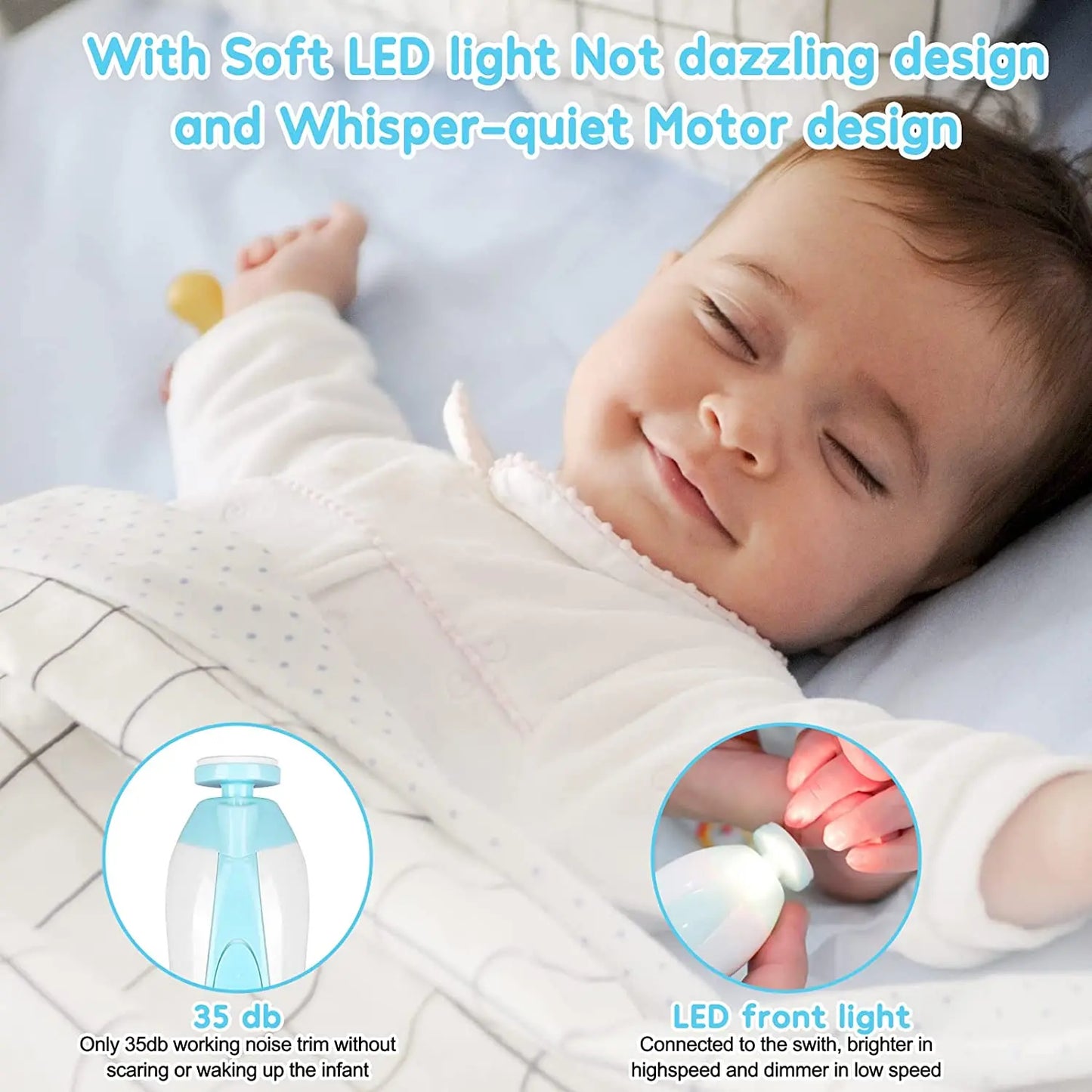 Electric Baby Nail Trimmer with LED Light – 4-Speed, Low Noise, 6 Grinding Heads