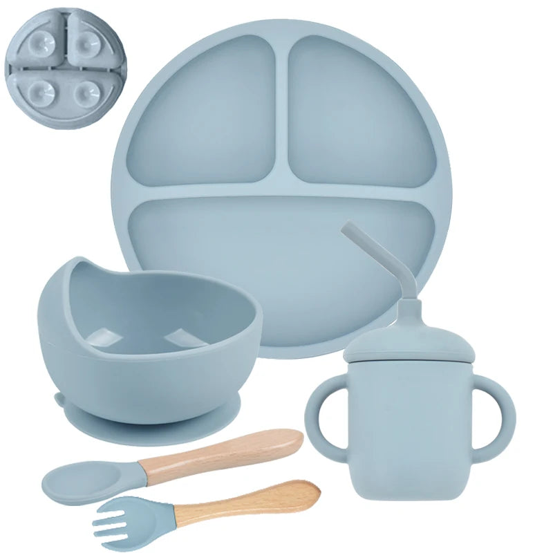 Baby Silicone Feeding Set 5-Piece – Non-Slip Plate, Bowl, Cup, Spoon & Fork – BPA-Free, Durable & Easy to Clean