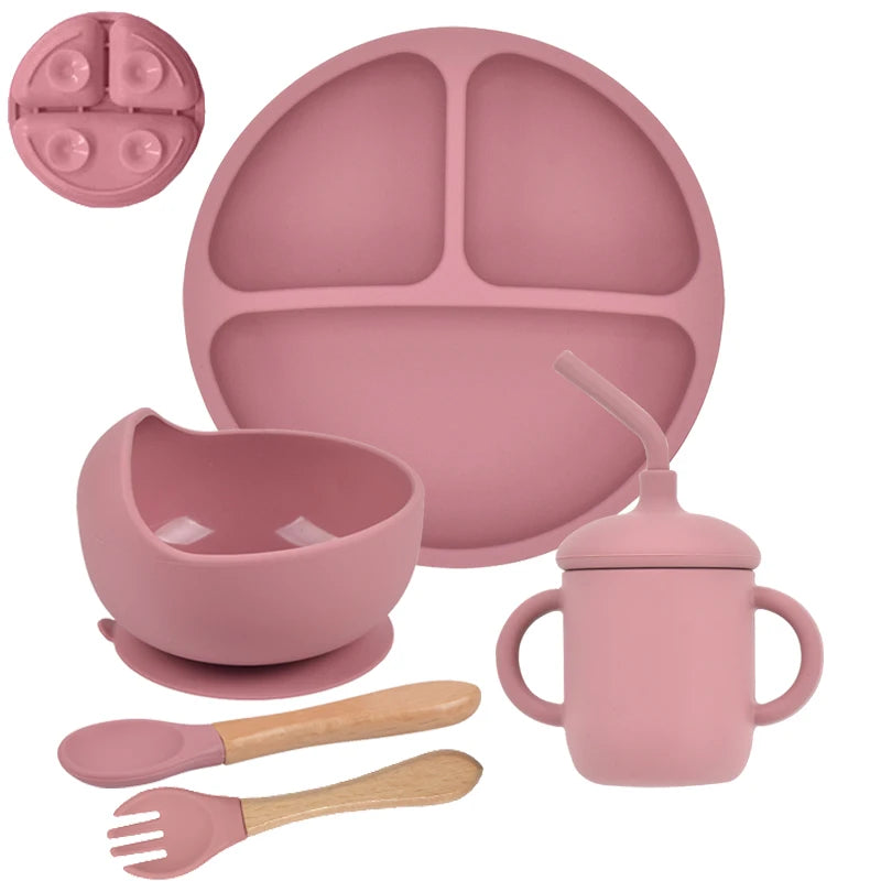 Baby Silicone Feeding Set 5-Piece – Non-Slip Plate, Bowl, Cup, Spoon & Fork – BPA-Free, Durable & Easy to Clean