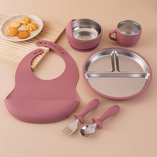 Baby Feeding Set 6-Piece with Stainless Steel – Premium Silicone Tableware for Toddlers