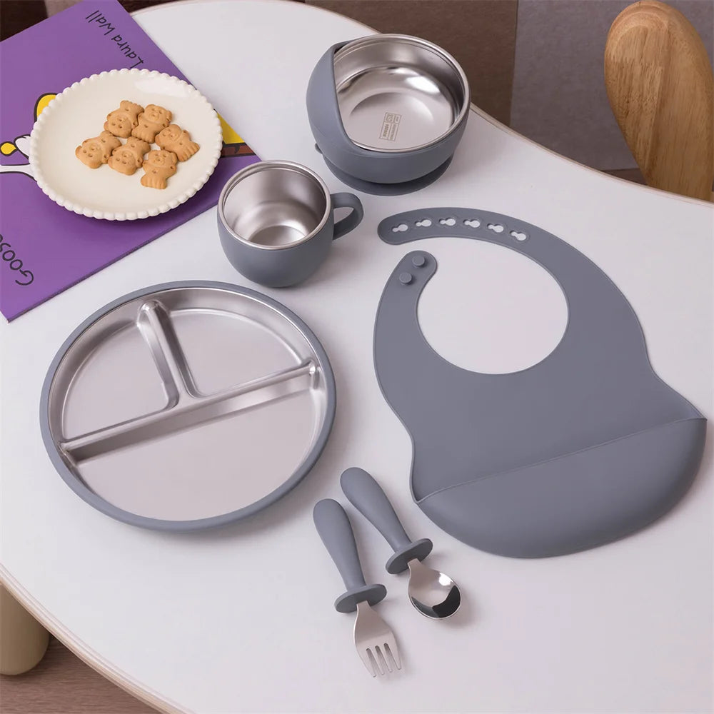 Baby Feeding Set 6-Piece with Stainless Steel – Premium Silicone Tableware for Toddlers