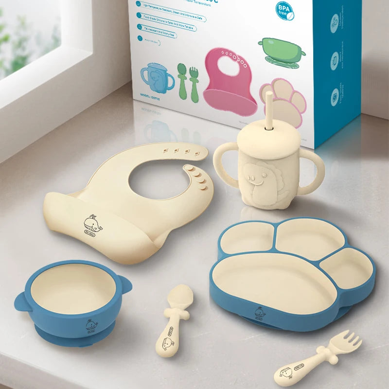 Baby Silicone Feeding Set – BPA-Free Suction Bowl, Bib, Spoon, Fork, Cup & Plate – Safe & Easy to Clean