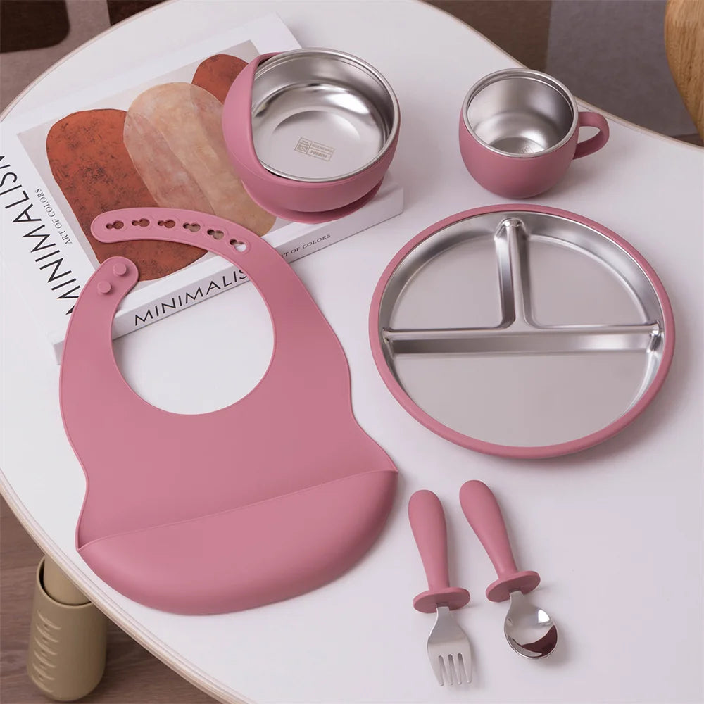 Baby Feeding Set 6-Piece with Stainless Steel – Premium Silicone Tableware for Toddlers