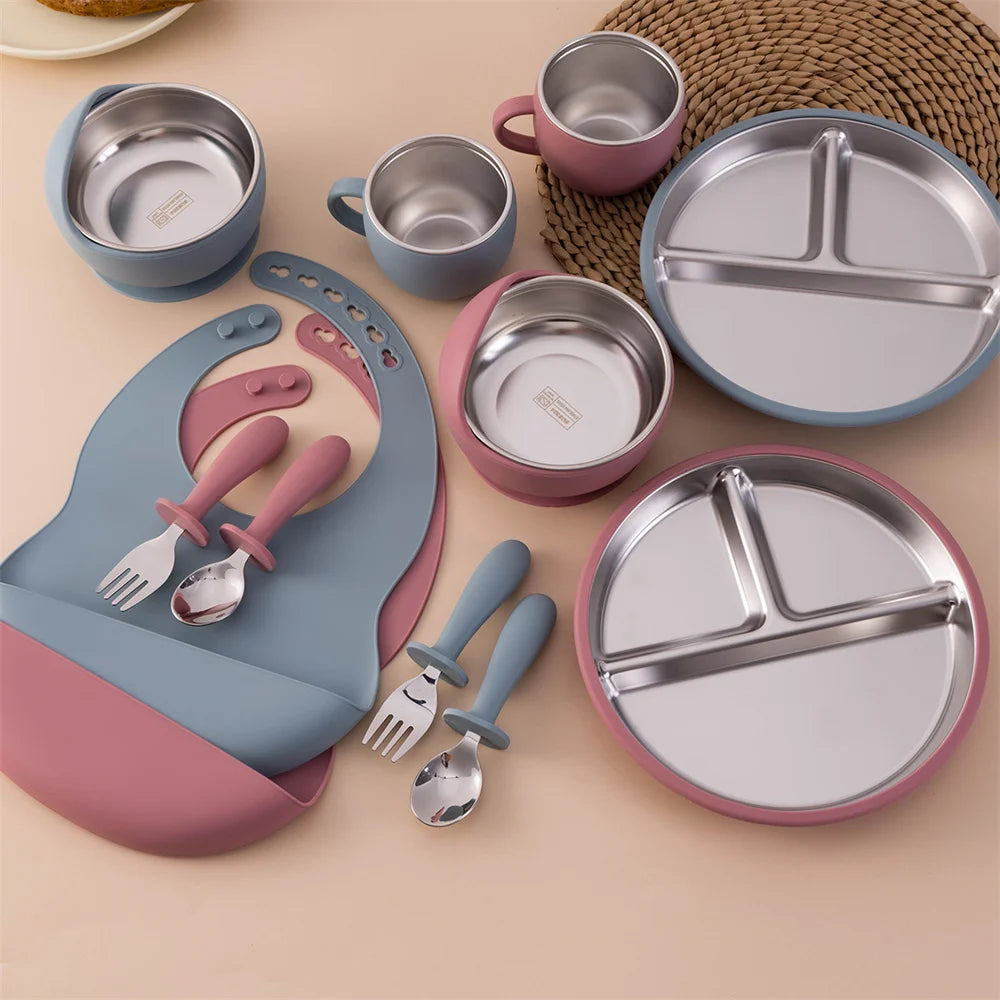 Baby Feeding Set 6-Piece with Stainless Steel – Premium Silicone Tableware for Toddlers
