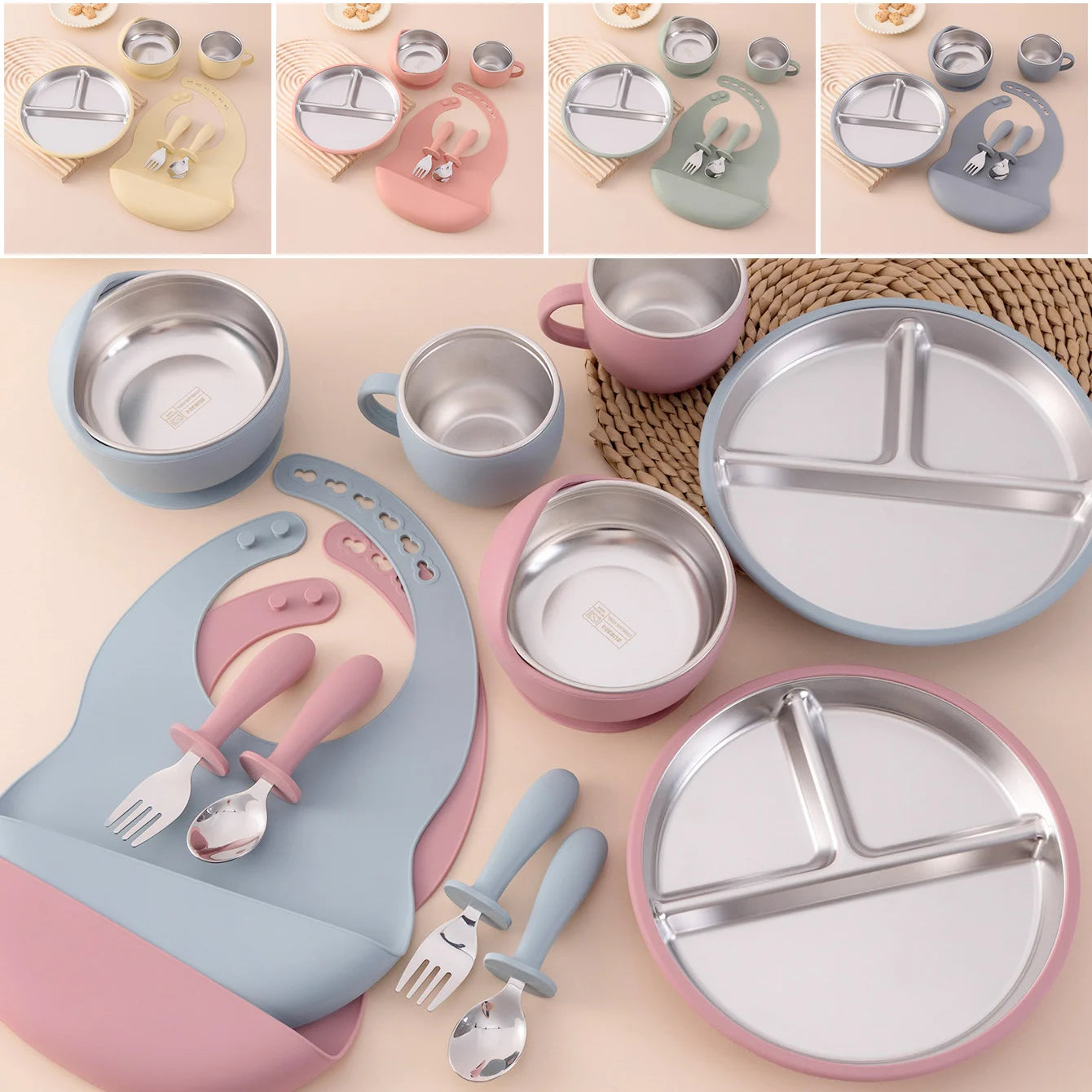 Baby Feeding Set 6-Piece with Stainless Steel – Premium Silicone Tableware for Toddlers