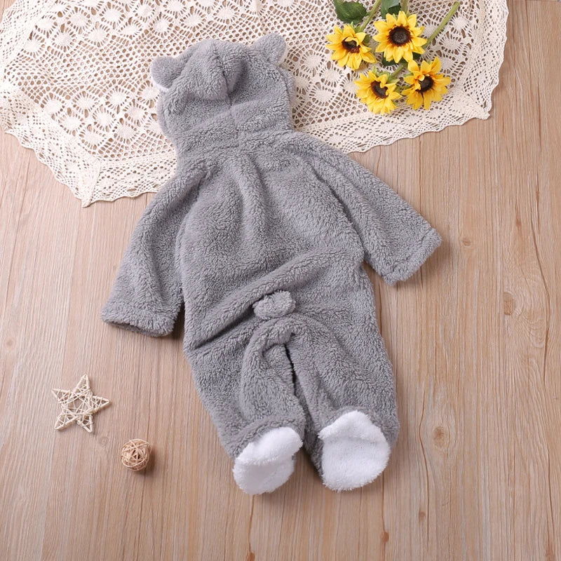 Warm Plush Bear Romper – Hooded Winter Baby Jumpsuit (0–12 Months)