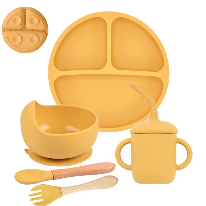 Baby Silicone Feeding Set 5-Piece – Non-Slip Plate, Bowl, Cup, Spoon & Fork – BPA-Free, Durable & Easy to Clean