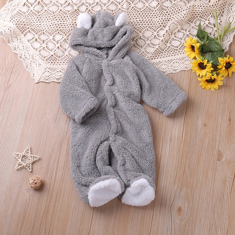Warm Plush Bear Romper – Hooded Winter Baby Jumpsuit (0–12 Months)