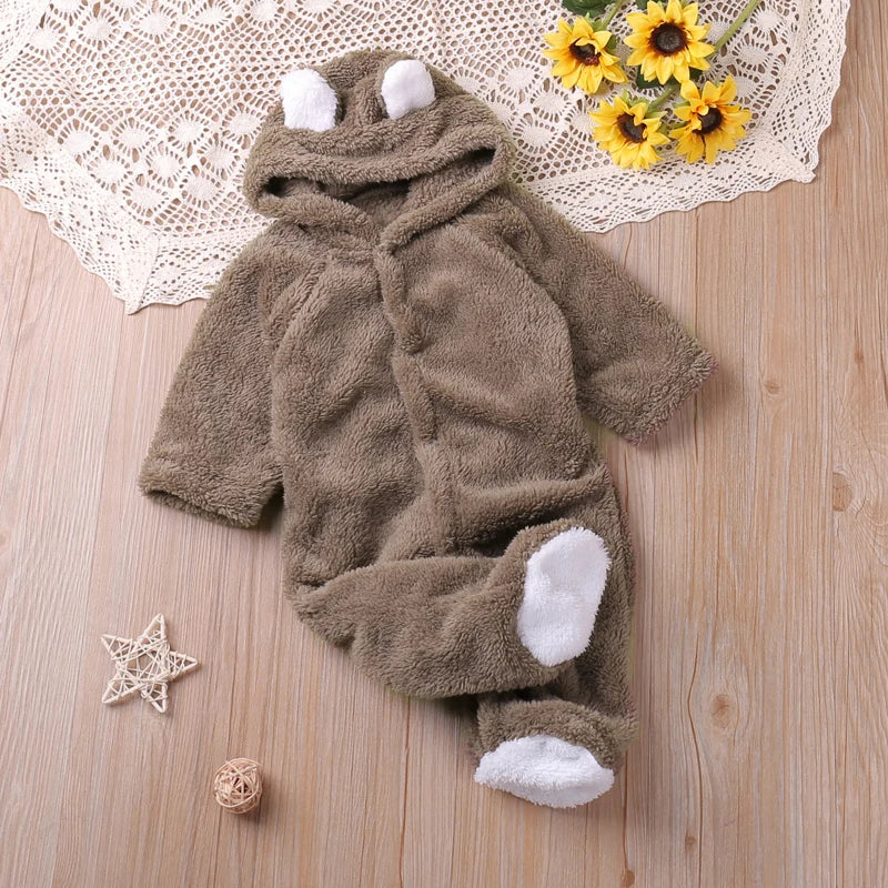 Warm Plush Bear Romper – Hooded Winter Baby Jumpsuit (0–12 Months)