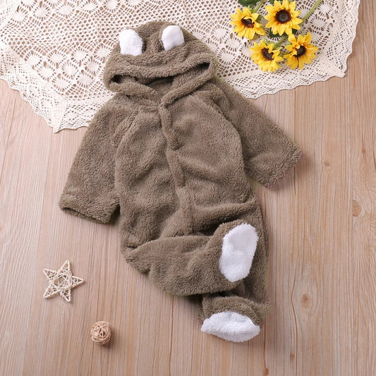 Warm Plush Bear Romper – Hooded Winter Baby Jumpsuit (0–12 Months)