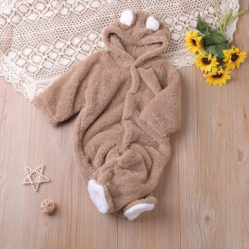 Warm Plush Bear Romper – Hooded Winter Baby Jumpsuit (0–12 Months)