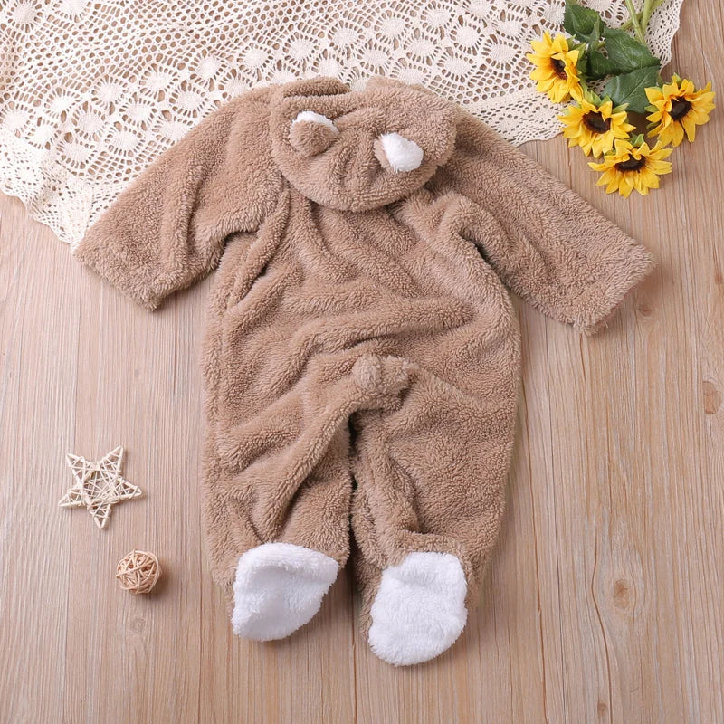 Warm Plush Bear Romper – Hooded Winter Baby Jumpsuit (0–12 Months)