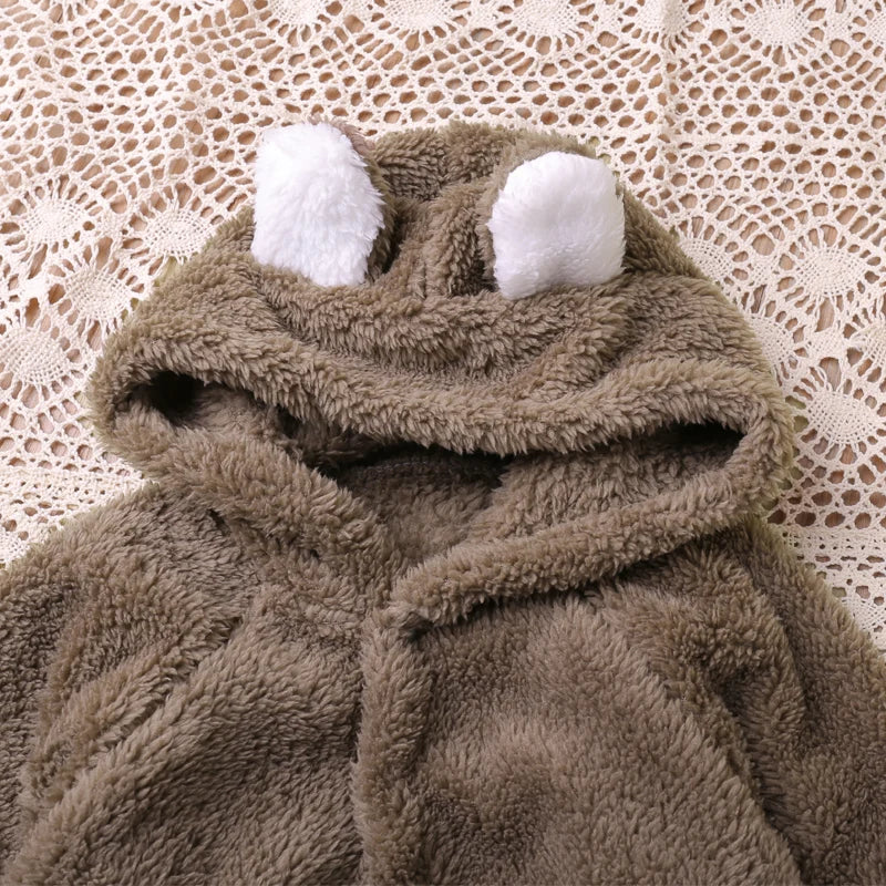 Warm Plush Bear Romper – Hooded Winter Baby Jumpsuit (0–12 Months)