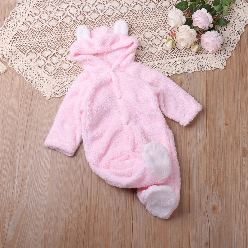 Warm Plush Bear Romper – Hooded Winter Baby Jumpsuit (0–12 Months)